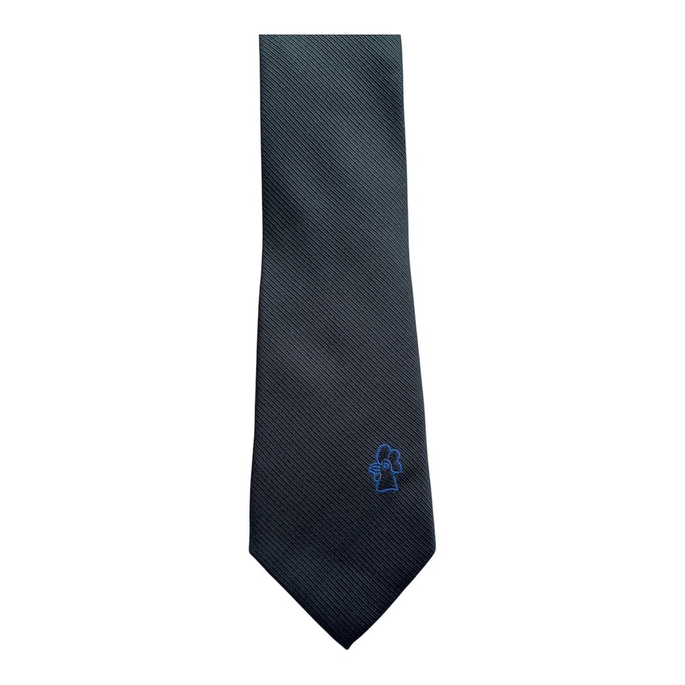 Rooster Mens Silk Necktie Black Blue Embroidered Logo Ribbed Texture 3 Inch Wide